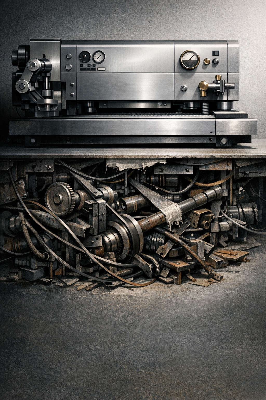 Máquina industrial sofisticada aparece limpa e precisa na frente, mas está ligada a engrenagens tortas, correias desalinhadas e peças improvisadas ao fundo. A cena traduz como a automação de processos pode acelerar a desordem quando a estrutura por trás continua confusa.