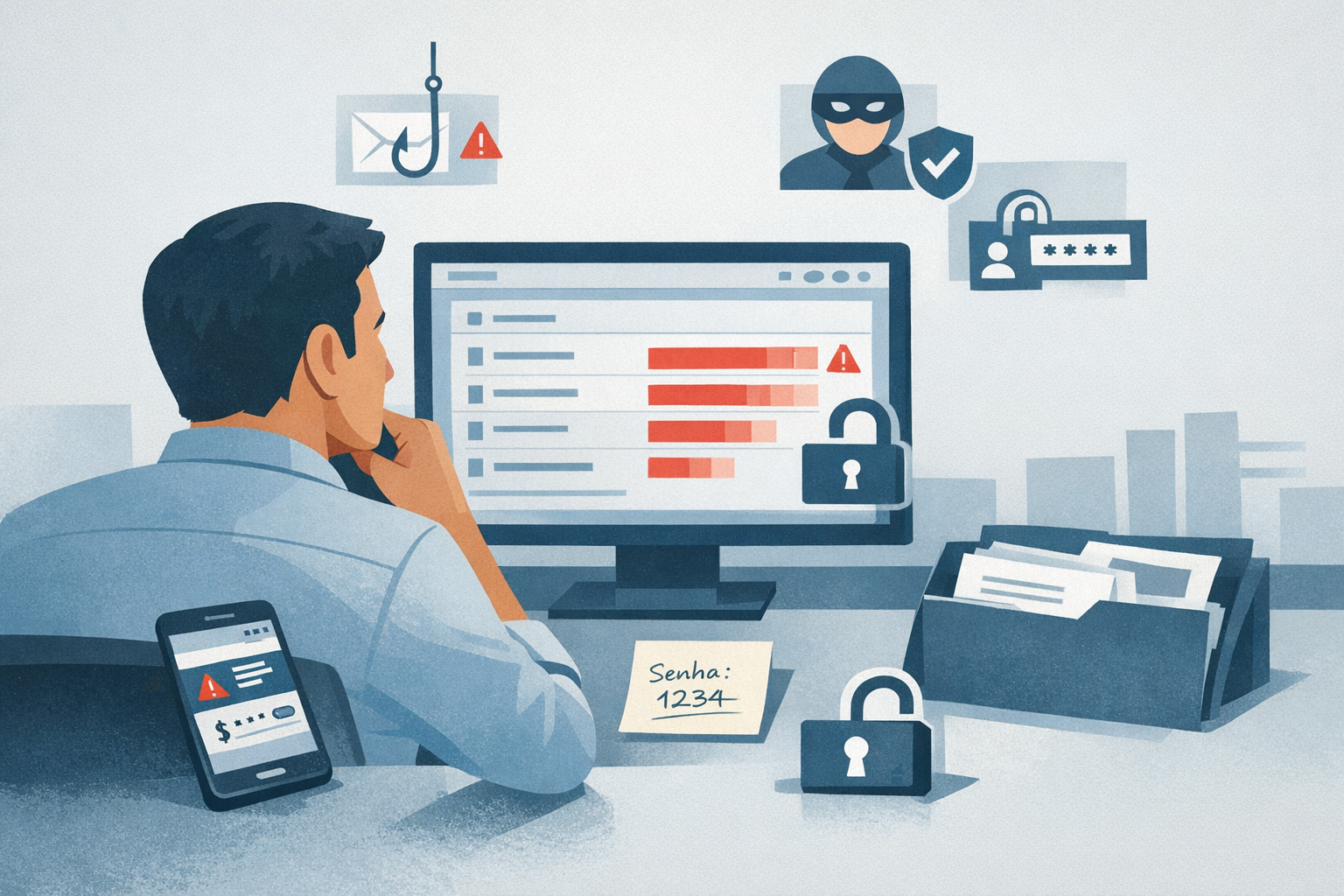 Ilustração corporativa de gestor analisando alertas operacionais em escritório de PME, com sinais visuais de golpe digital e proteção de dados em falhas rotineiras, como mensagem suspeita, senha compartilhada e permissões excessivas.