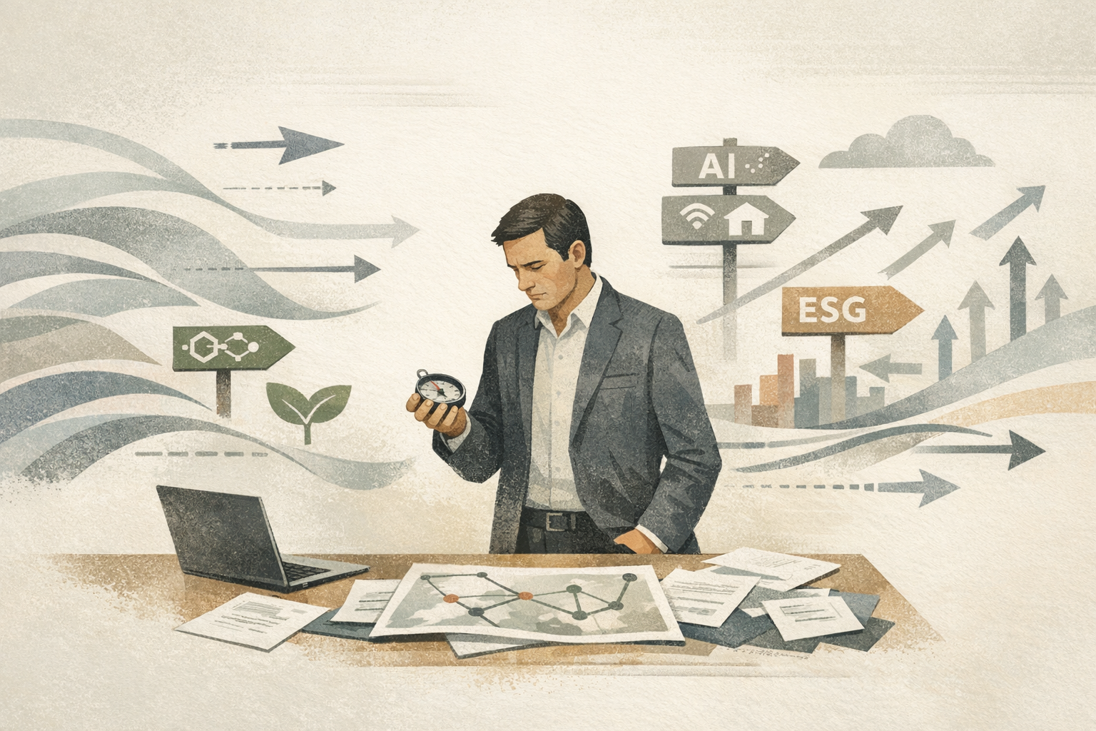 Líder de PME cercado por setas e sinais com tendências de tecnologia apontando em direções opostas, enquanto segura uma bússola sobre uma mesa com mapa estratégico, papéis e laptop. A cena transmite pressão, excesso de estímulos e conflito entre prioridades do negócio.