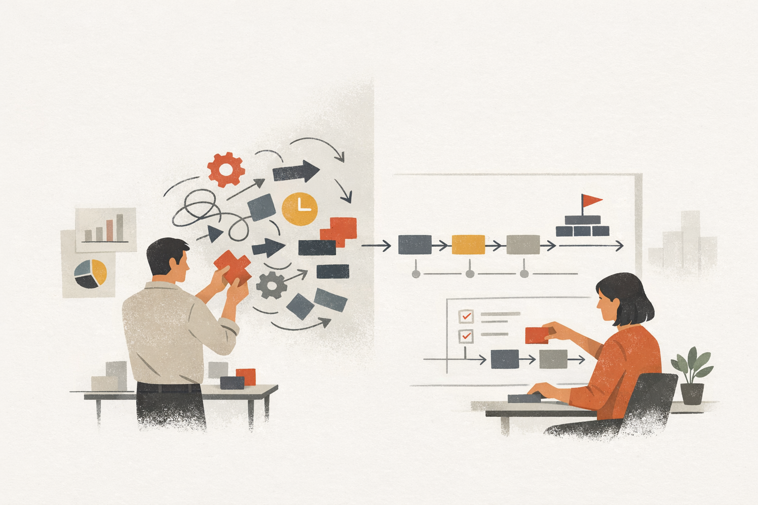 Ilustração editorial de gestores organizando um fluxo complexo em um sistema claro e estável, representando gestão operacional empresarial sem improviso. Ambiente moderno, limpo e profissional, com foco em planejamento e coordenação.