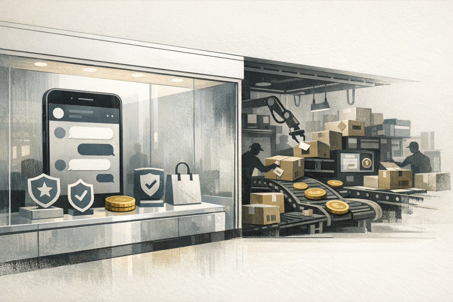 App de mensagens mostrado como uma vitrine elegante, enquanto nos bastidores uma linha de montagem produz fraudes com etiquetas trocadas, selos conhecidos e moedas digitais. A cena representa o golpe no Telegram como uma operação criminosa organizada sob aparência de confiança.